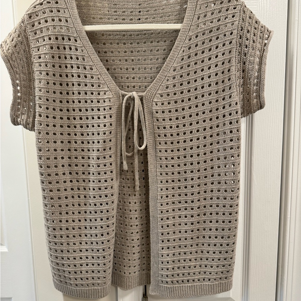 Tan Open-Weave Cardigan Sweater with Tie Closure